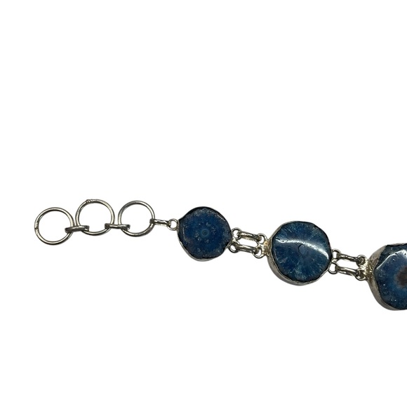 Sterling Silver 925 Blue Agate Druzy Slice Adjustable Toogle Clasp Bracelet - Picture 4 of 13